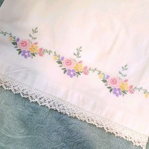 Vintage pillowcase/ crossstitch flowers/crocheted